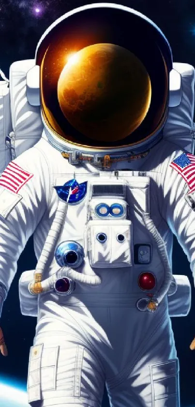 Astronaut on planetary space mission, cosmic background visible.