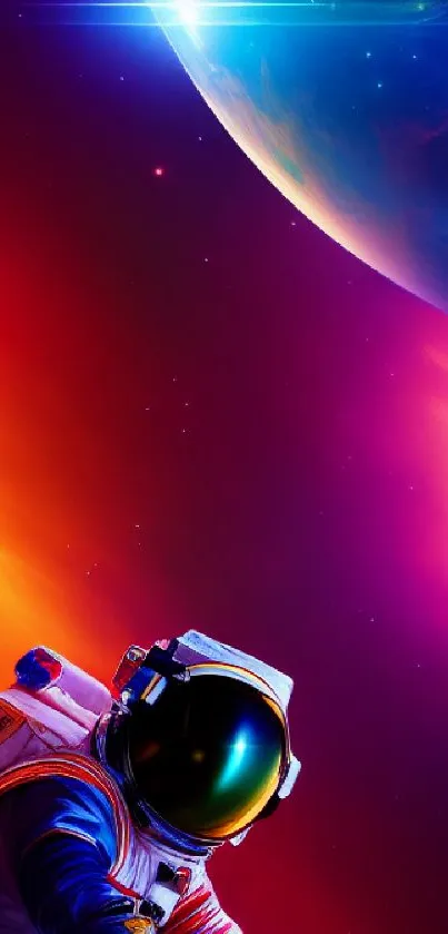 Vibrant astronaut in space under a colorful cosmic sky.