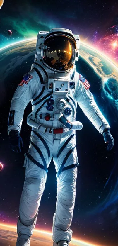 Astronaut in space with planets and cosmic background.