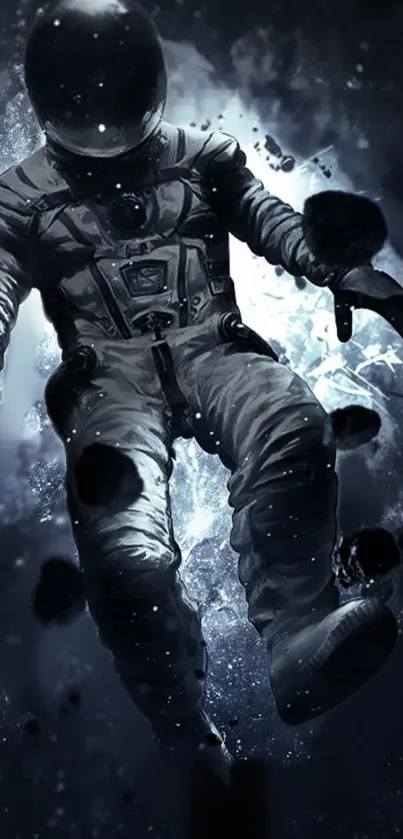 Astronaut floating in dark space, surrounded by stars and cosmic elements.