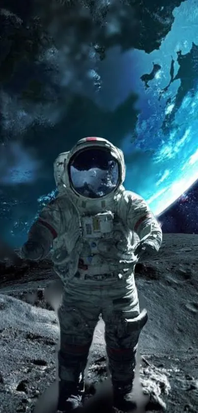 Astronaut on the moon with vibrant blue galaxy backdrop.