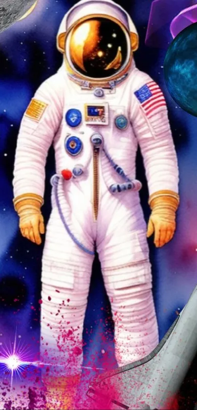 Colorful astronaut in cosmic scene with planets and stars.