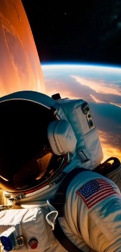 Astronaut in space with Earth and vibrant orange background.