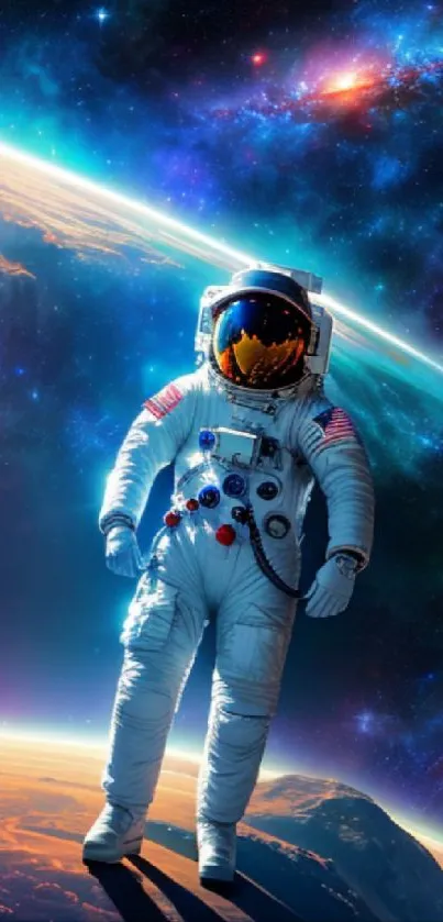 Astronaut floating in vibrant outer space with galaxy and planets.