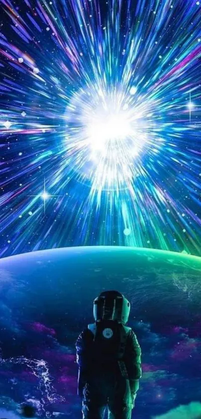 Astronaut standing under a cosmic burst in space with colorful galaxy hues.