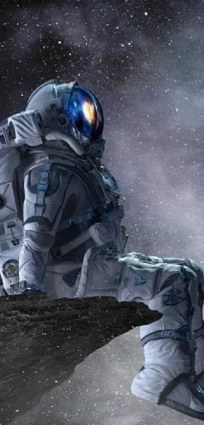 Astronaut sitting on a cliff against a starry galaxy background.