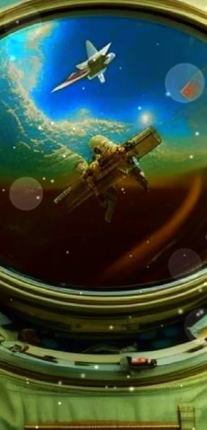 Astronaut with space reflection on vibrant wallpaper.