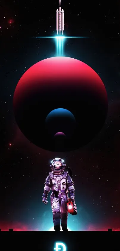 Mobile wallpaper of an astronaut and a vibrant cosmic scene, featuring a planet and stars.