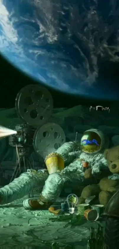 Astronaut enjoying movie night on the moon with Earth in the background.