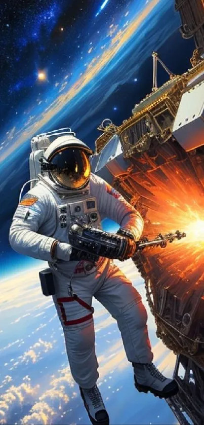 Astronaut spacewalking at station against Earth and cosmos.