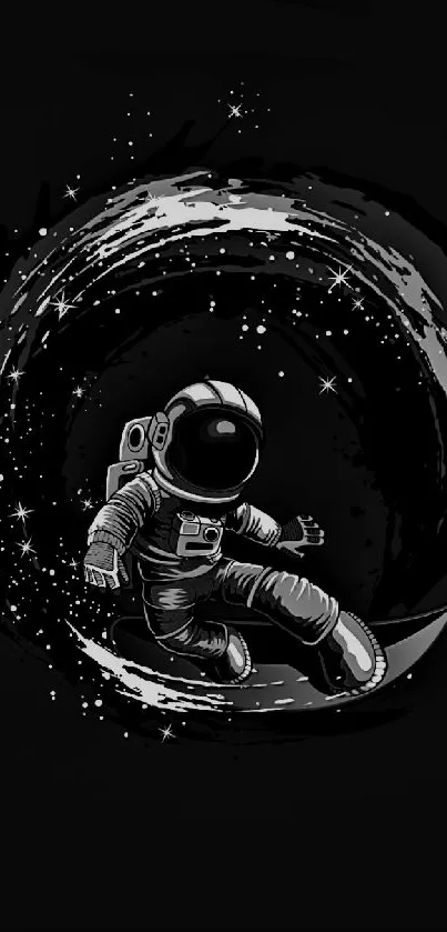 Astronaut surfing a space vortex on black background.