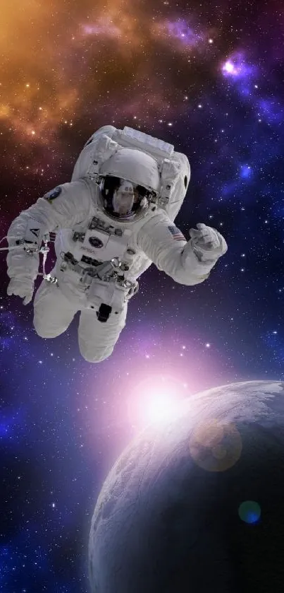 Astronaut floating in colorful space scene with planet and galaxies.