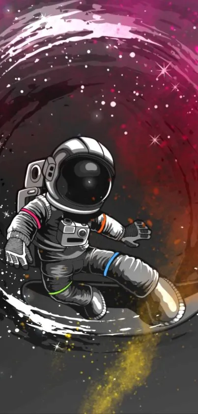 Astronaut spaceboarding through a vibrant cosmic scene with stars and galaxies.