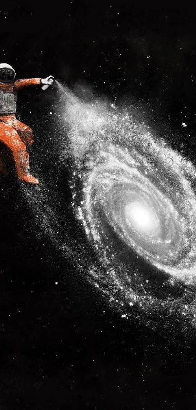 Astronaut artist spray painting a galaxy in the vastness of space.