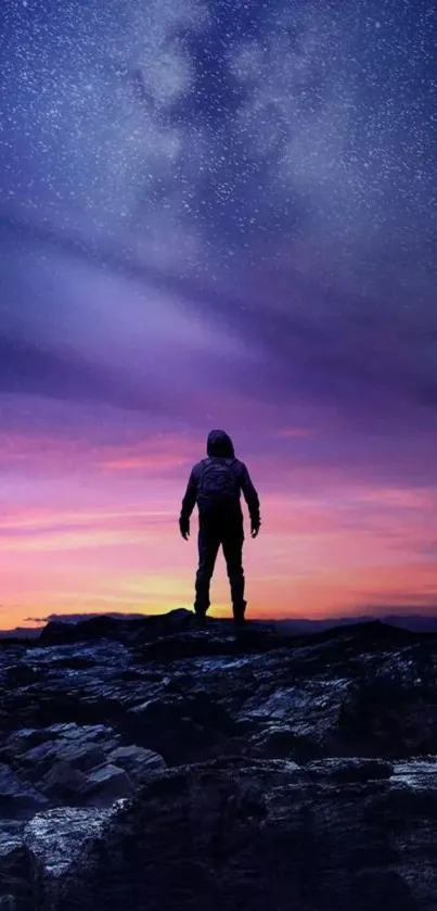 Astronaut stands under vibrant, star-filled purple night sky, explores cosmic beauty.