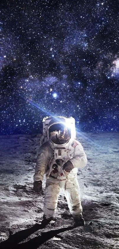 Astronaut walks on moon under starry night sky wallpaper.