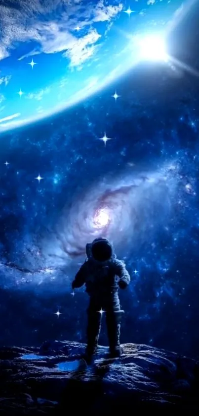 Astronaut gazing at galaxy in deep blue space with vibrant Earth above.