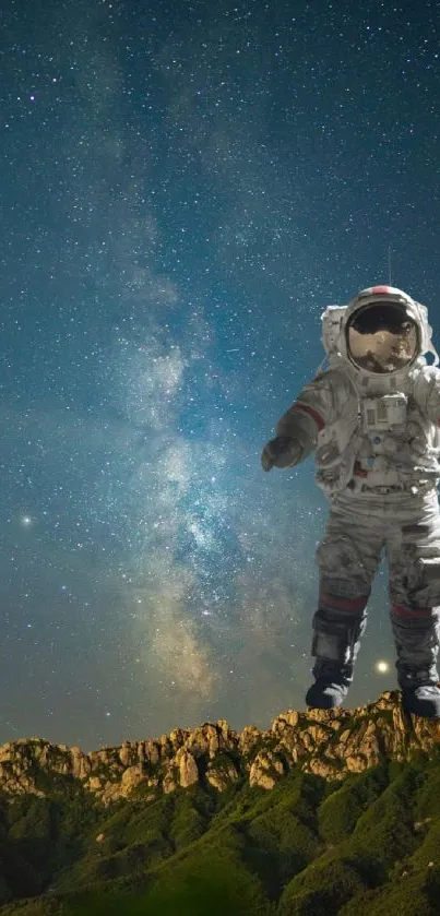 Astronaut on a mountain under a starry sky with the Milky Way in the background.