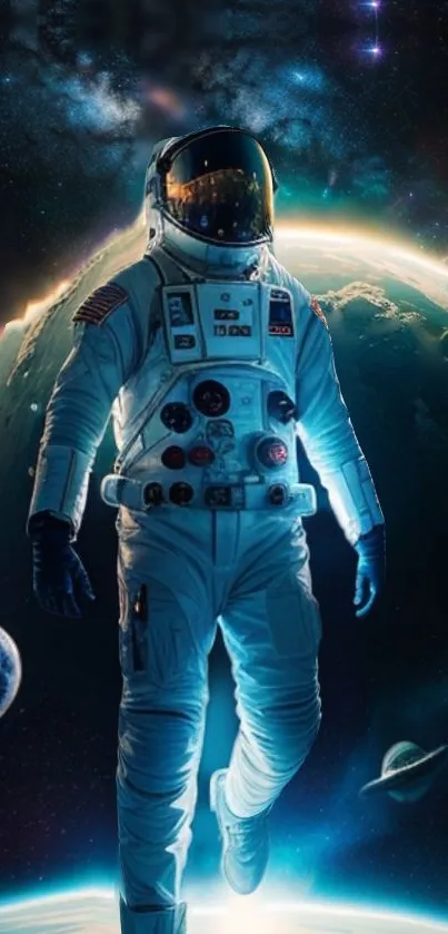 Astronaut walking in space with Earth in background.