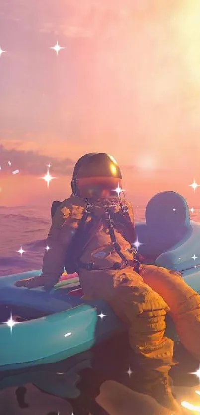 Astronaut floating on the water at sunset with pastel sky reflections.