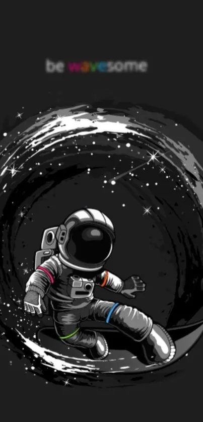 Astronaut surfing on a cosmic wave with a black background.