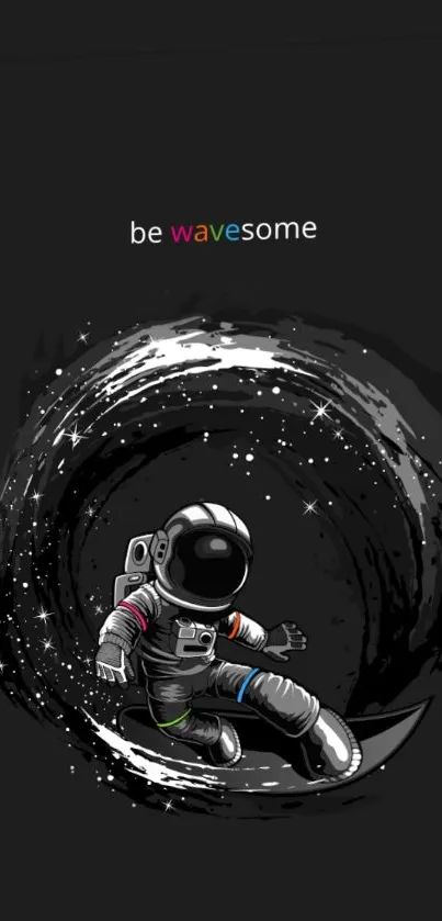 Space-themed wallpaper with astronaut surfing a cosmic wave on a black background.