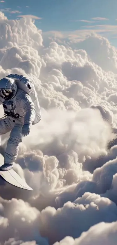 Astronaut surfing through fluffy clouds, creating a surreal adventure scene.