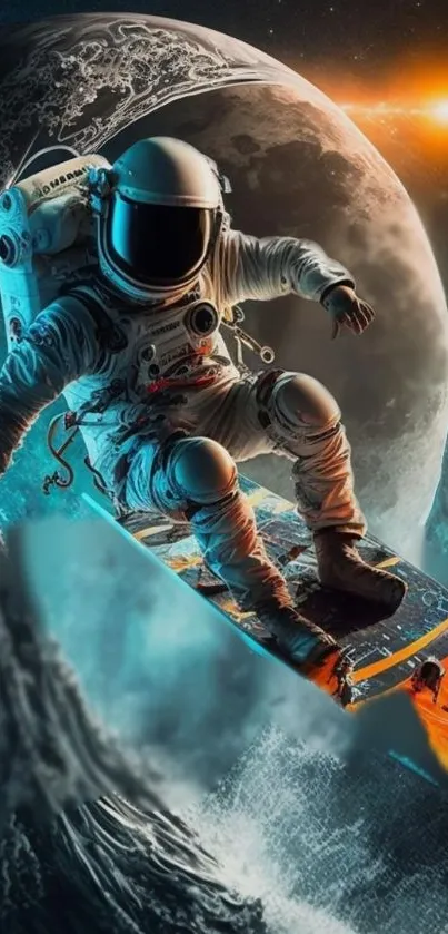 Astronaut surfing on cosmic waves with a celestial backdrop.