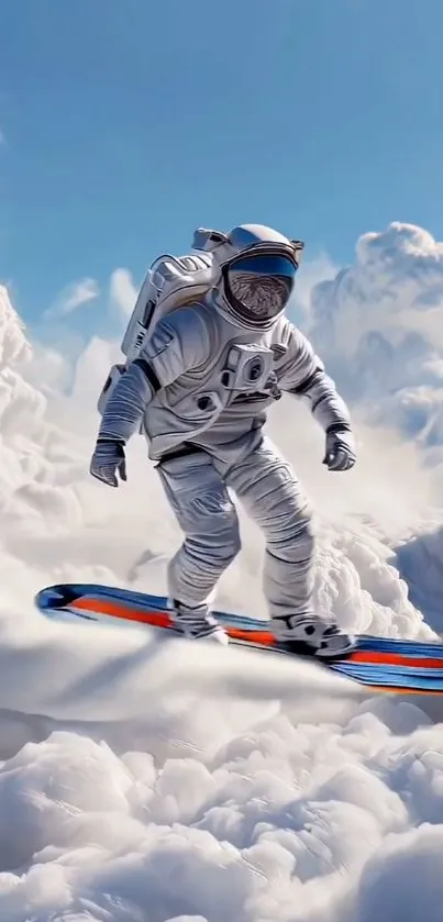 Astronaut surfing on colorful clouds.