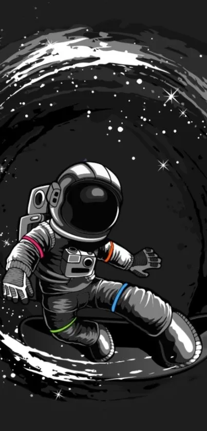 Astronaut surfs through a space vortex with vibrant color accents.