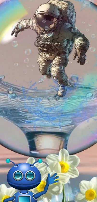 Astronaut floating in bubble with flowers and robot below.