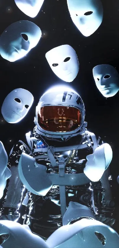 Astronaut among floating masks in dark space-themed wallpaper.