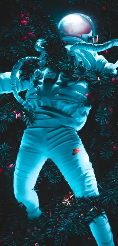 Futuristic astronaut floating in neon-lit foliage.