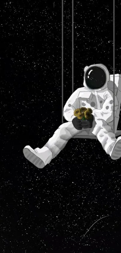 Astronaut swinging in a starry night sky, holding flowers.