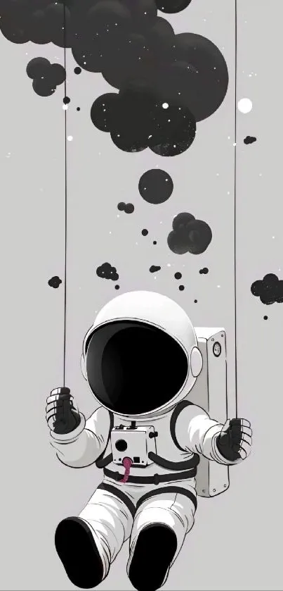 Astronaut on a swing with black clouds in a minimalistic style.