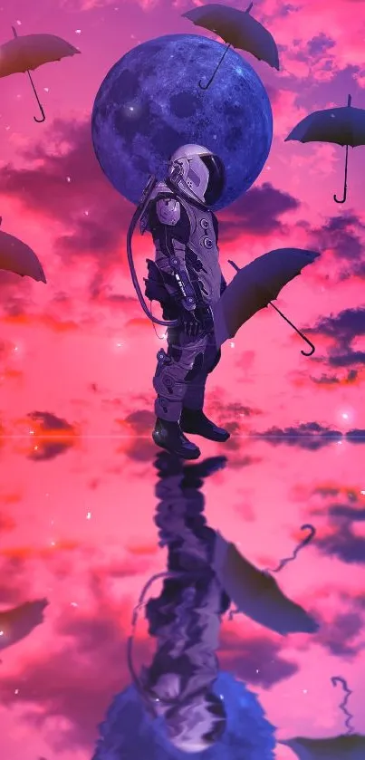 Fantasy mobile wallpaper featuring an astronaut with umbrellas against a pink and blue sky.