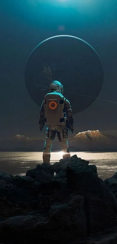 Astronaut stands beneath teal alien sky.