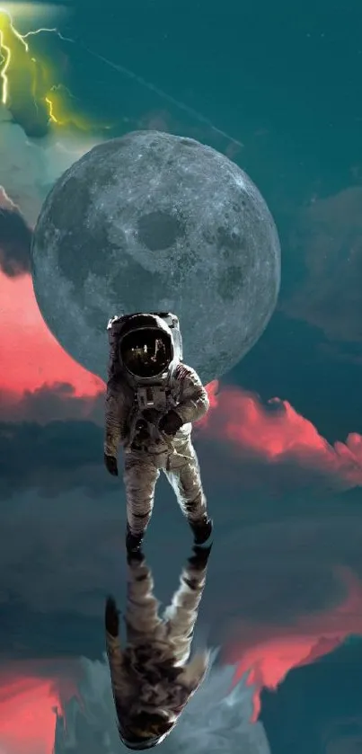 Astronaut standing under a moon in a colorful sky.