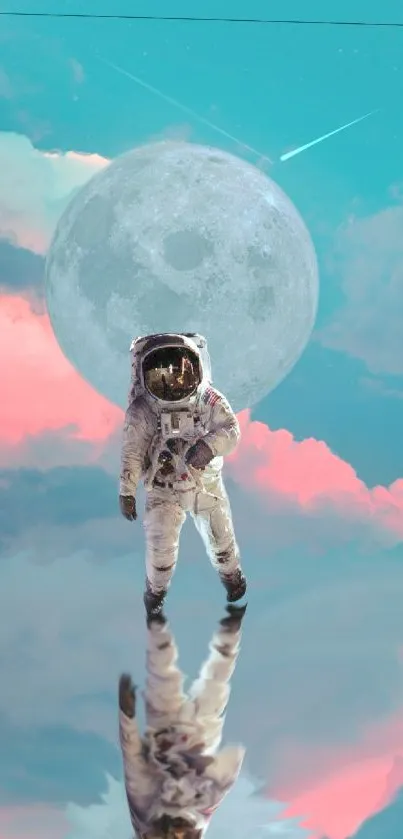 Astronaut standing under a full moon in a dreamy, surreal landscape.