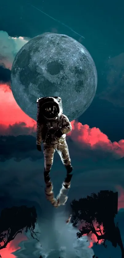 Astronaut stands beneath full moon with teal sky and vibrant clouds.