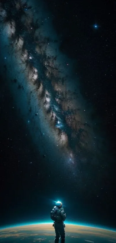 Astronaut gazing at the Milky Way from Earth.