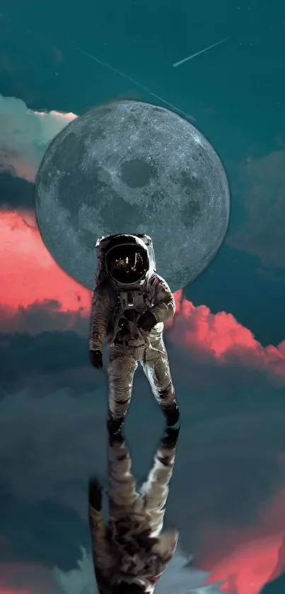 Astronaut standing in front of a large moon with vivid clouds and reflections.