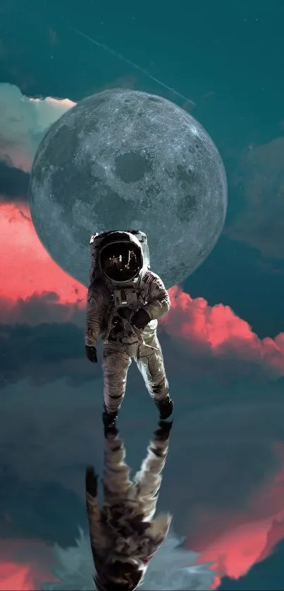 Astronaut standing under a full moon with vivid, colorful clouds.