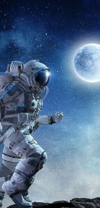 Astronaut walking on rocky surface under a bright moonlit sky.