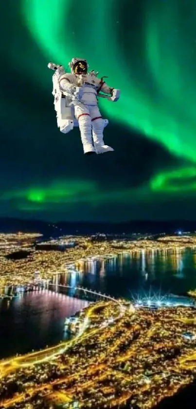 Astronaut floats beneath vibrant northern lights over illuminated cityscape.