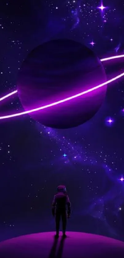 Astronaut standing under purple planet in space scene.