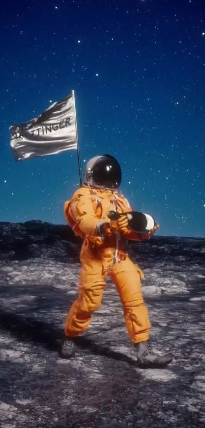 Astronaut in orange suit under a starry sky, holding a flag on a rocky landscape.