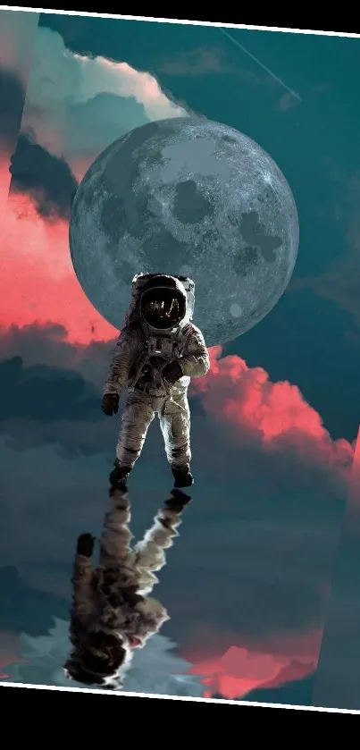 Astronaut standing under a blue moon, reflecting in water.