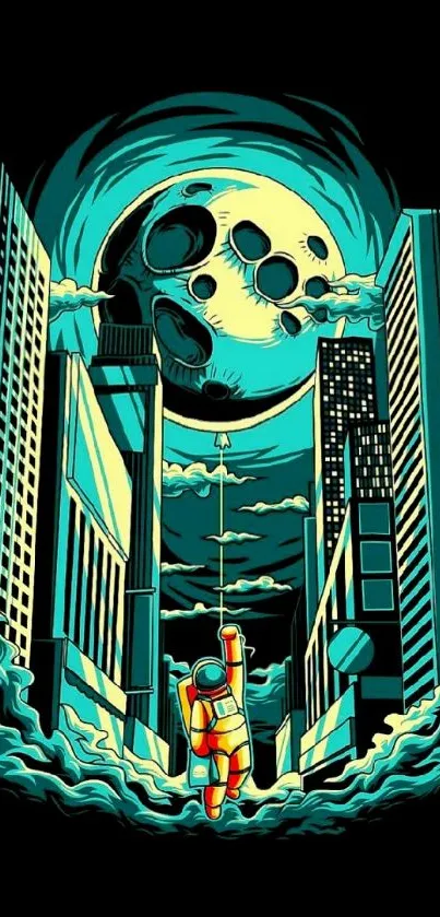 Astronaut in a city reaching for the moon wallpaper.