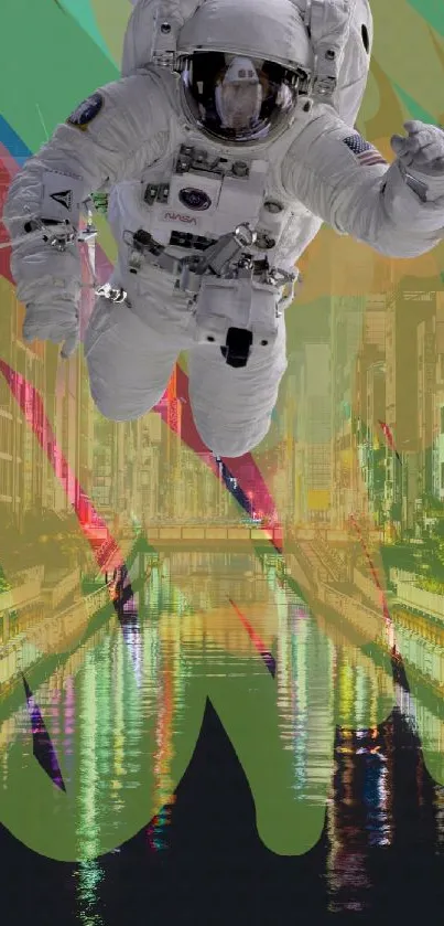 Astronaut floating over colorful urban landscape with abstract design.